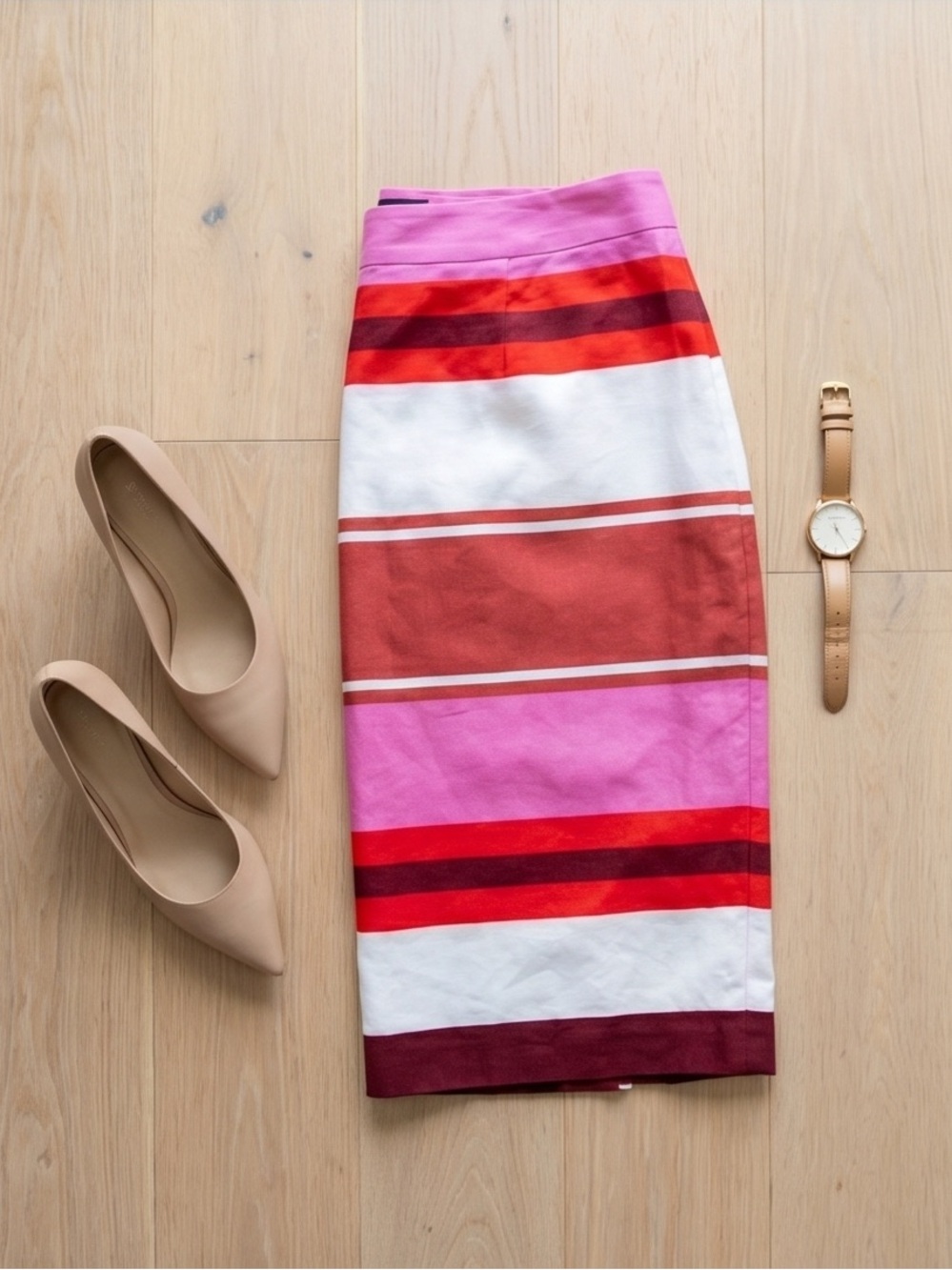 Ann Taylor Striped Midi Pencil Skirt in Pink, Red, Burgundy & Cream - Picture 2 of 7